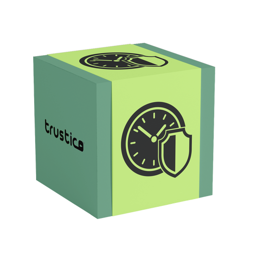 A green cube features a clock and shield icon on one face, symbolizing security features such as Multi Domain SSL Certificate protection provided by Sectigo® CaaS DV + Multi Domain from Sectigo CA. Another face displays the word “trustic” alongside a padlock, emphasizing support for the ACME protocol for seamless certificate management.