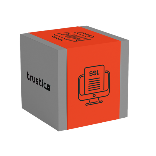 A gray and orange box displays the Trustico CA brand name with “Trustico® CaaS DV + Multi Domain” on one side and an icon of a computer monitor showing an SSL Certificate document on another, emphasizing support for Multi Domain security solutions.
